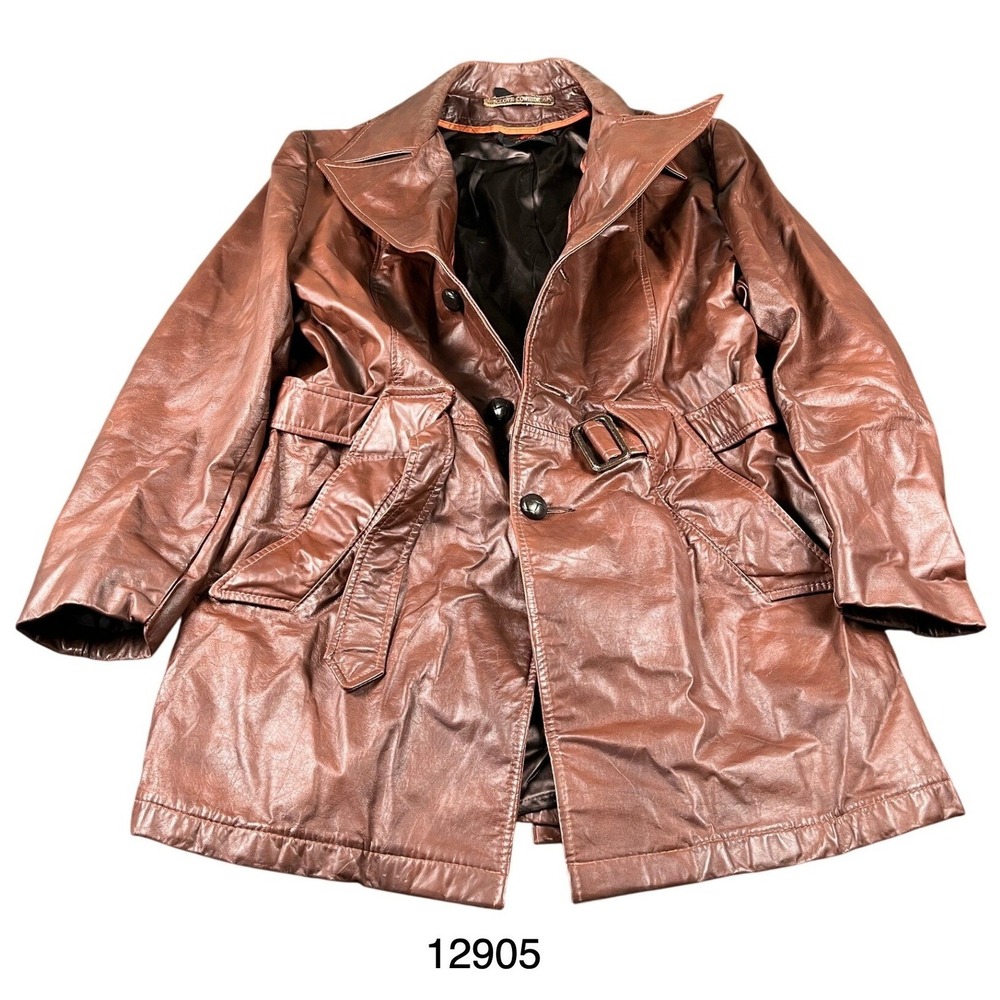 Vintage De Long Leather Trench Coat Mens 42 Brown Excellent Glove Cowhide Belted